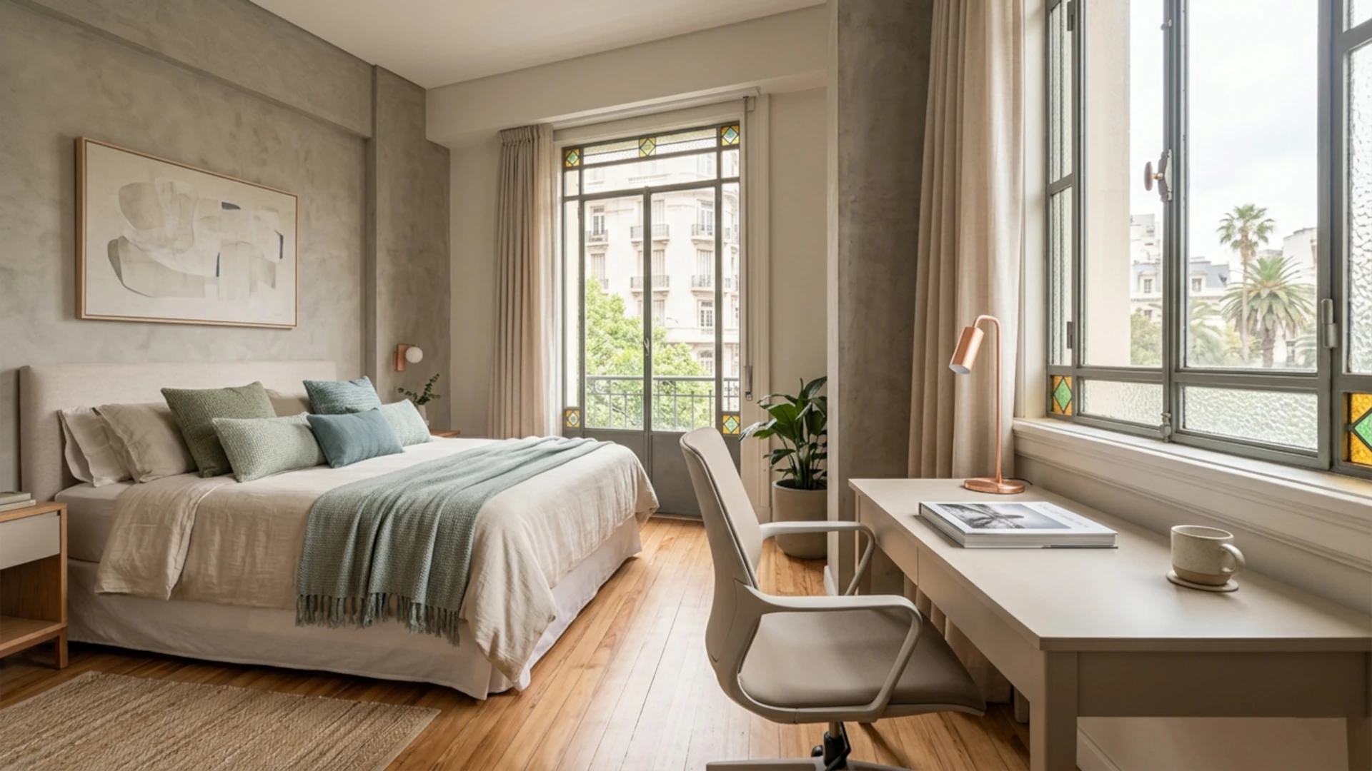 Diseño de interiores para alquiler temporario en Buenos Aires con detalles de neuroarquitectura y luz natural.