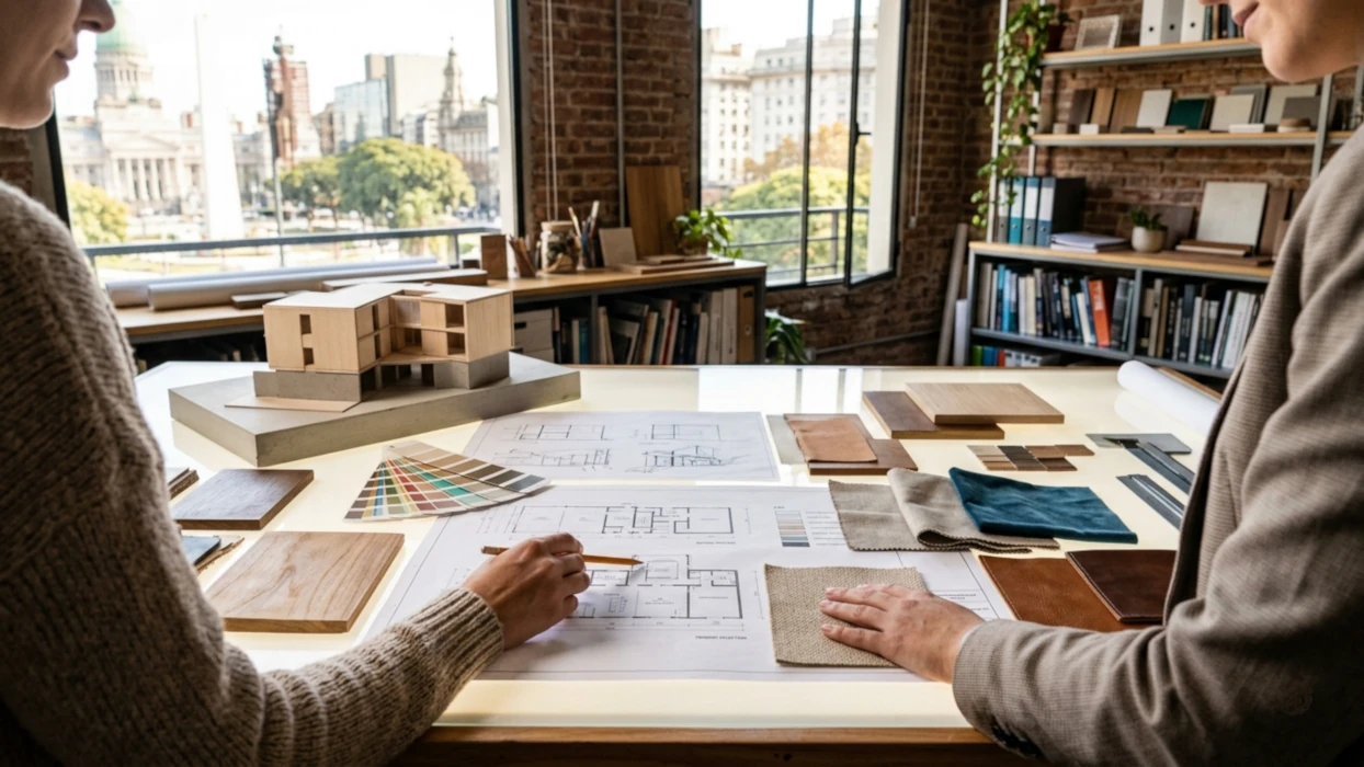 Arquitectas analizando planos para comprar departamento en Buenos Aires con criterios de neuroarquitectura.