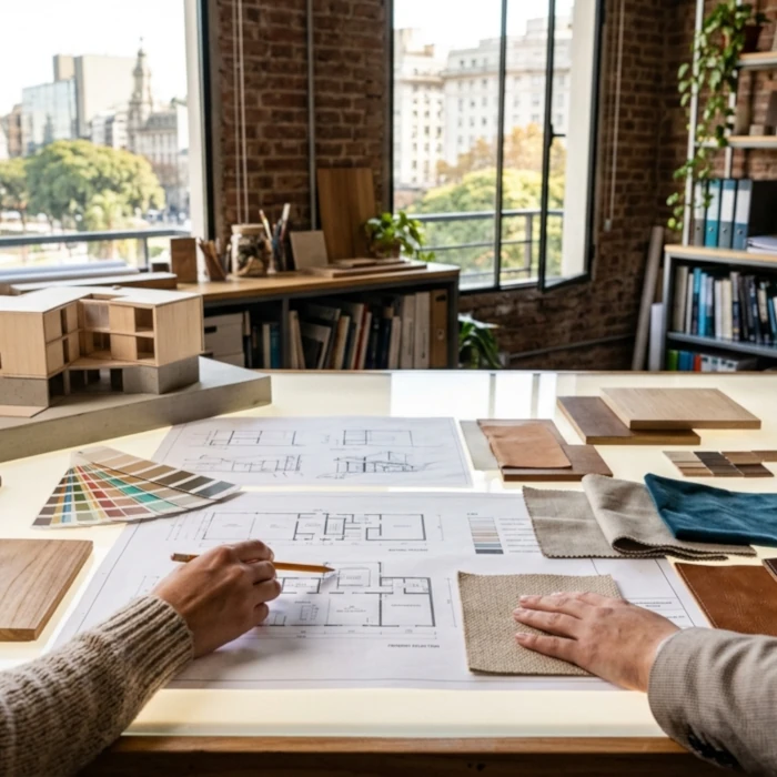 Arquitectas analizando planos para comprar departamento en Buenos Aires con criterios de neuroarquitectura.