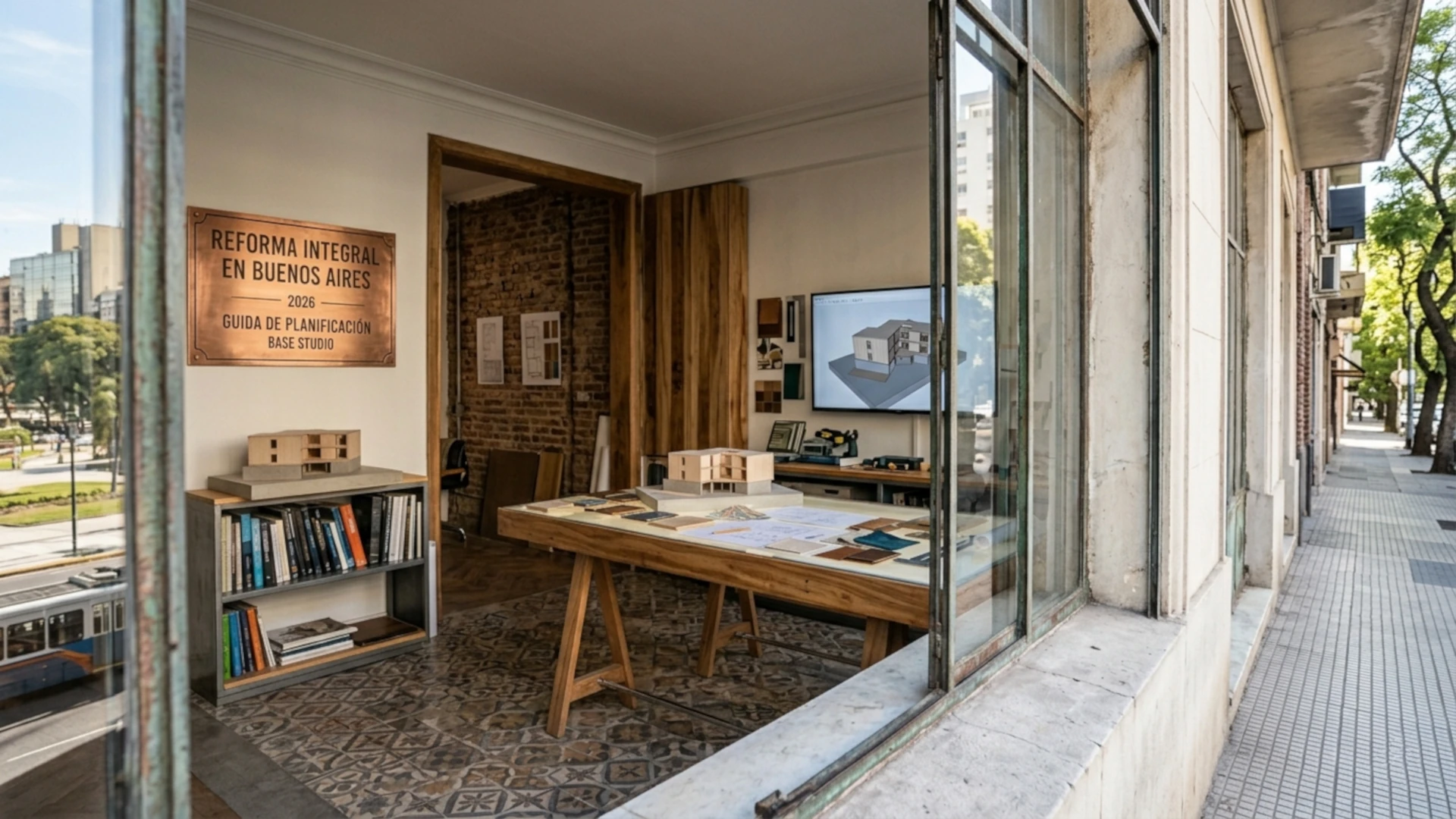 Arquitectas supervisando una reforma integral en Buenos Aires con planos y muestras de materiales.